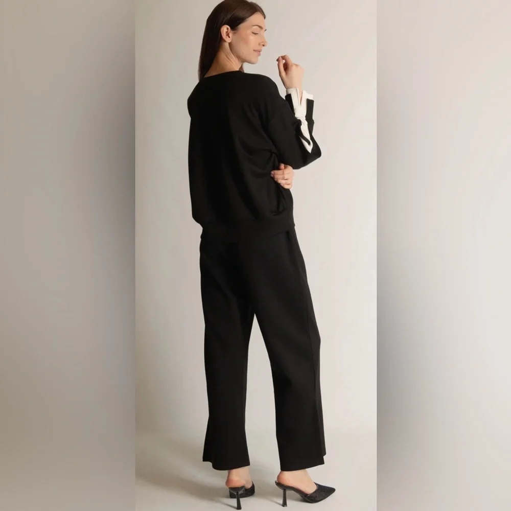 P.CILL‎ Blake Wide Leg Pants with Bottom Slits Butter Modal Black Size Small